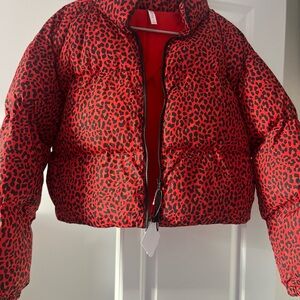 Red and Black Leopard Print‎ Puffer Jacket